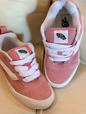 Vans Pink and White Low-Top Skate Shoes